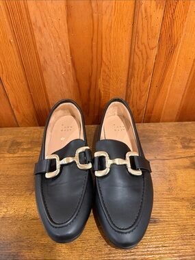 a new day Black Leather Loafers with Gold Chain Accent